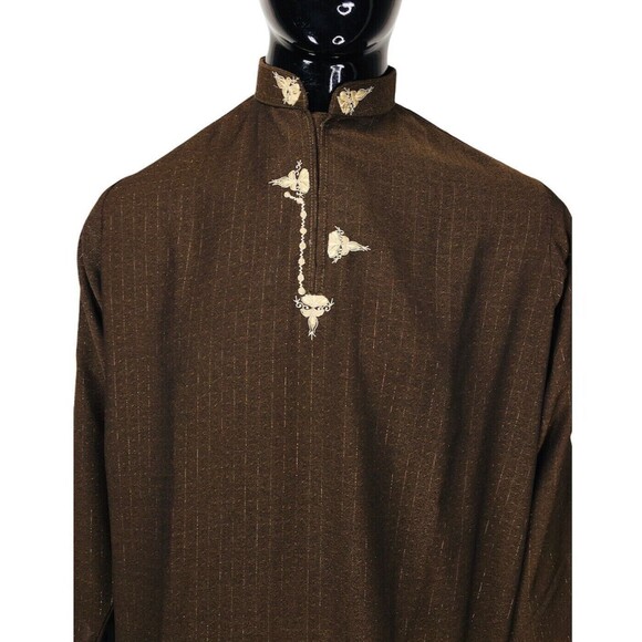 Vintage Traditional Embroidered Brown Metallic Thread Kurta Sherwani Large - Picture 2 of 6